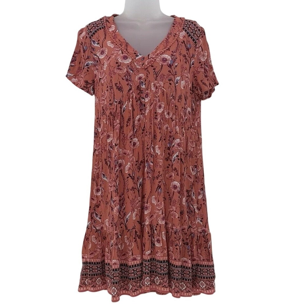 Knox Rose Women Floral Boho V-Neck Mini Dress Rust Pink XS Short Sleeve Tiered